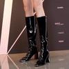 2025 Autumn and Winter New European and American Style High-heeled Patent Leather Boots Thick-heeled Knight Boots Square Head Fashion Thin Boots Women