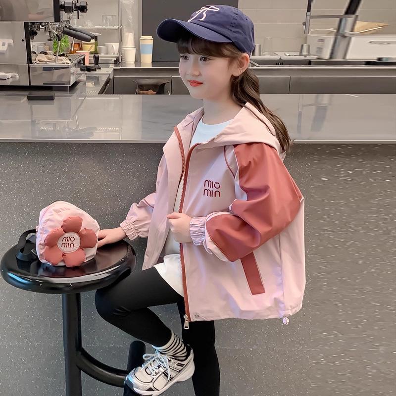 2025 Girls' Fashion Hooded Windbreaker Jacket - Color Block Spring & Autumn Outerwear