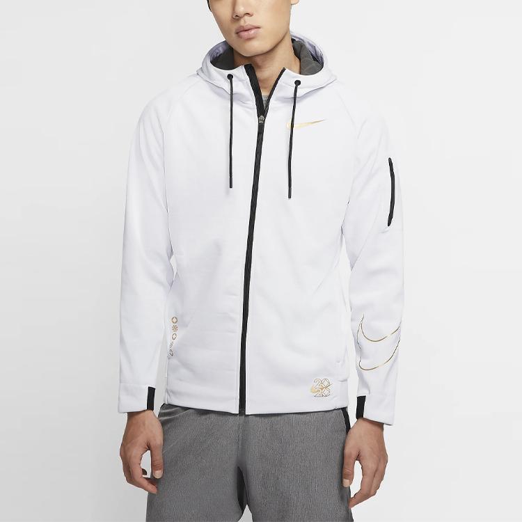 Nike Logo Print Fleece-Lined Hooded Jacket Men Outerwear White CU3678-100