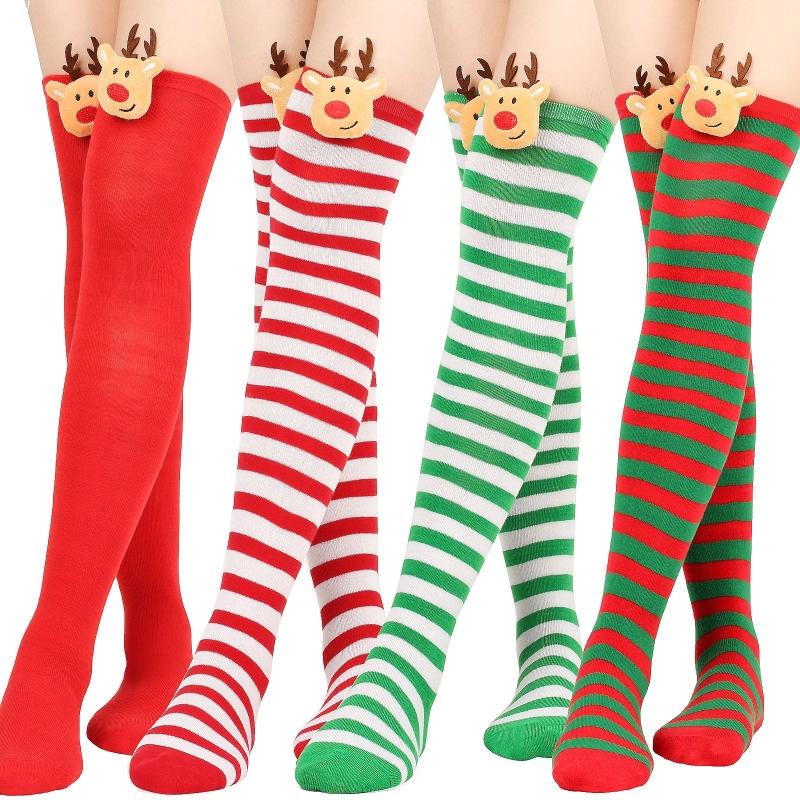 Damen Weihnachten Overknee Lange Socken Niedlich 3D Plüsch Hirsch Elch Gestreifter Druck Oberschenkelhohe Strümpfe Feiertagsparty Strumpfwaren