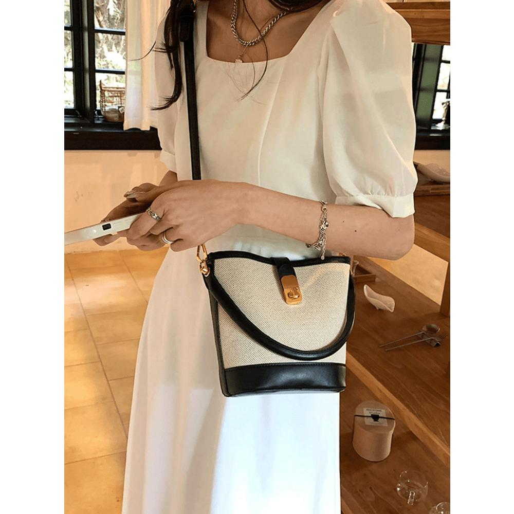 1PC Fashion Contrast PU Canvas Splice Buckle Handbag Water Bucket Bag Strap Long Shoulder Strap Crossbody Bag For Women's Daily Use