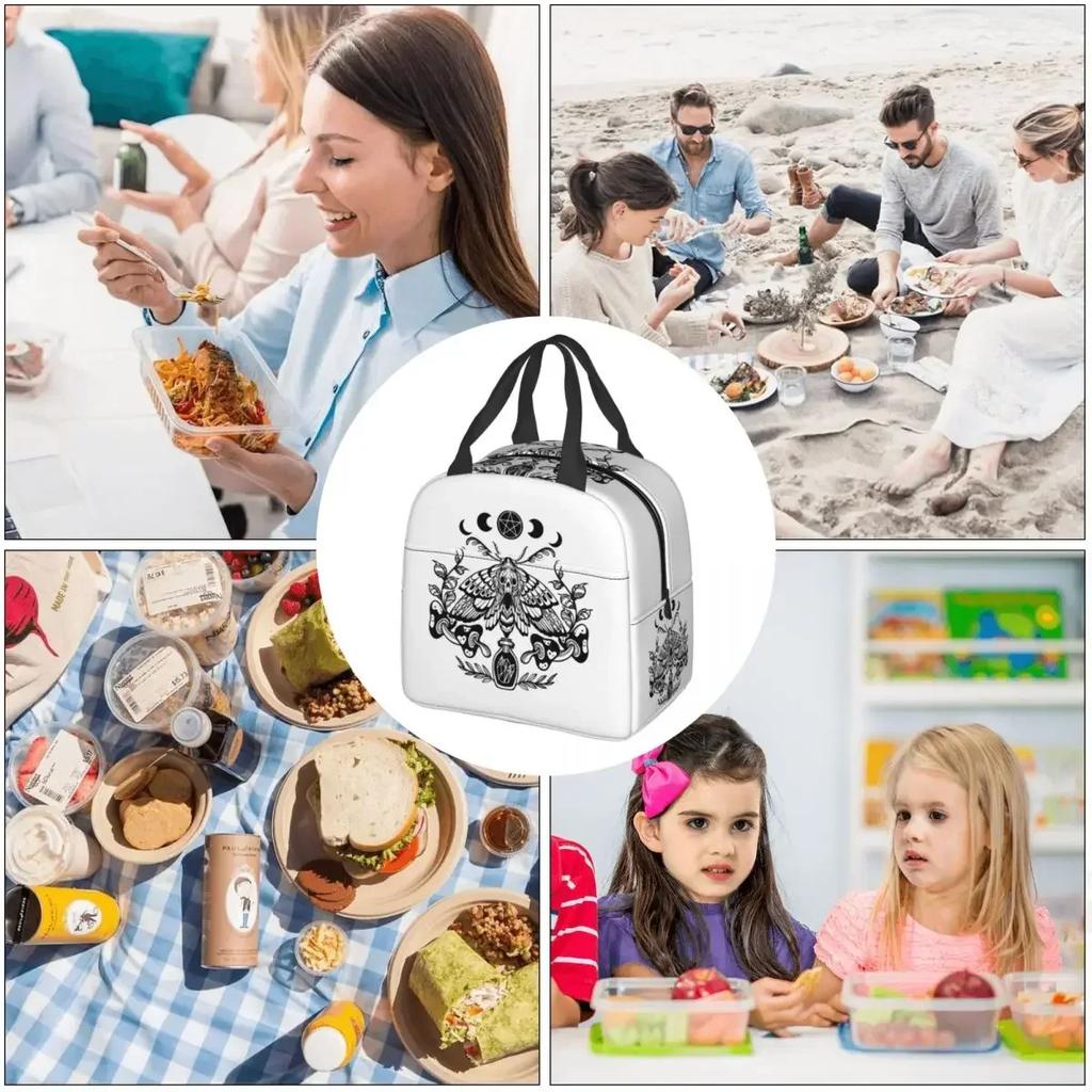 Occult Witchy Moth Skull Death Head Hawkmoth Insulated Lunch Bag for Women Kids Leakproof Food Boxes Thermal Lunch Box Tote