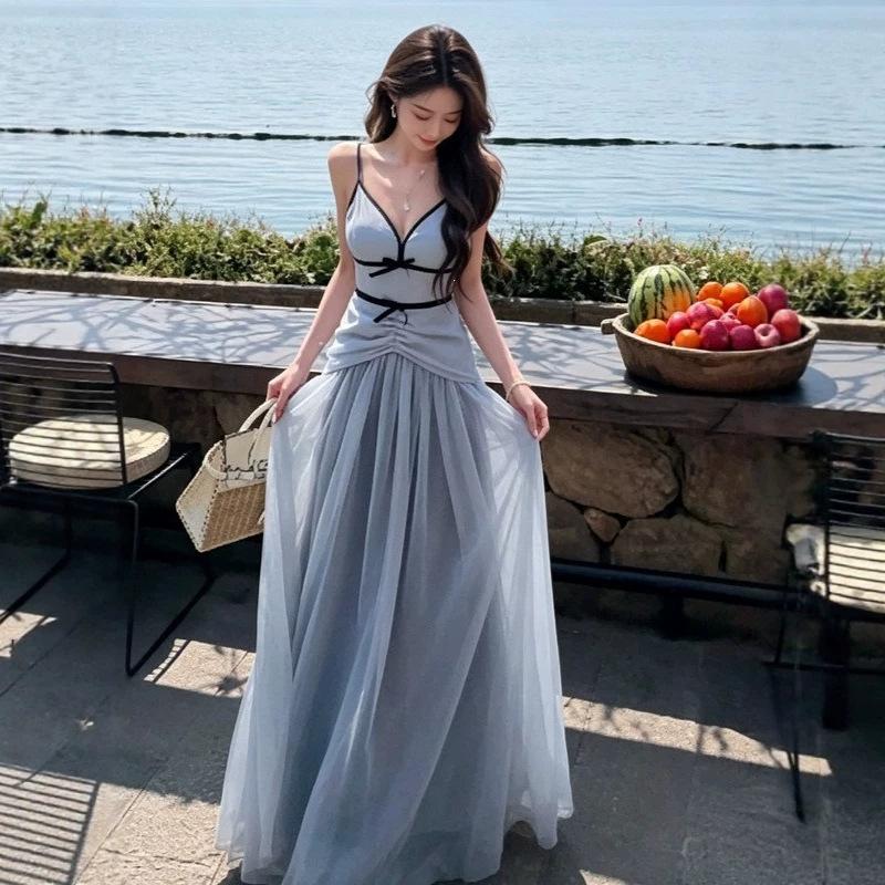 French blue v-neck mesh suspender dress women's summer seaside vacation temperament waist halter long skirt