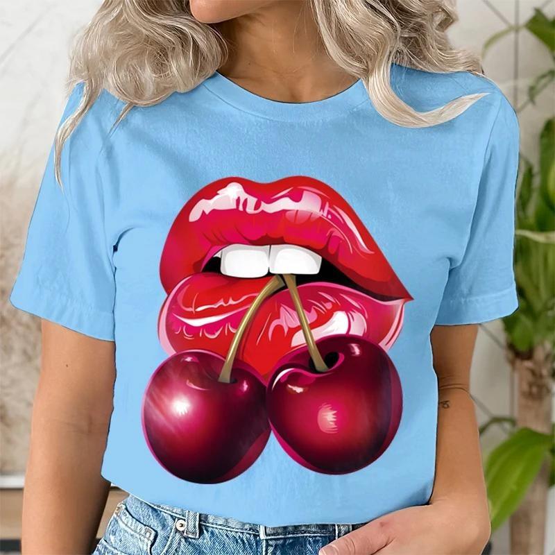 Summer Fashion Women's T-Shirt Lips Cherry 3D Printed Short Sleeve Tops Girl Loose Casual Loose Oversize Outdoor Clothing