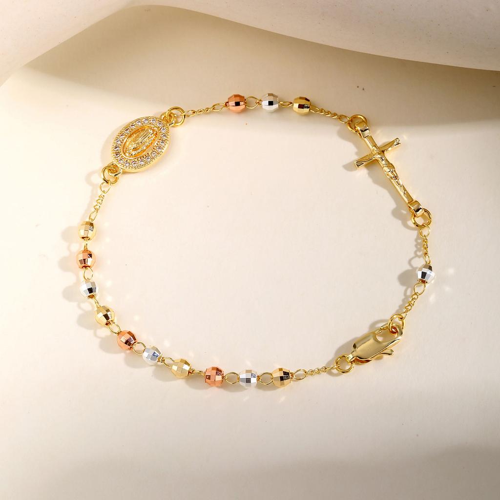 Tri-color Beads Rosary Virgin Mary Jesus Cross Charm Bracelet for Women, Metal Beaded Chain Religious Pray Jewelry