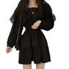 Vintage Square Collar Pleated Dress - Slim Fit, High Waist, Age-Reducing Korean Style for Girls