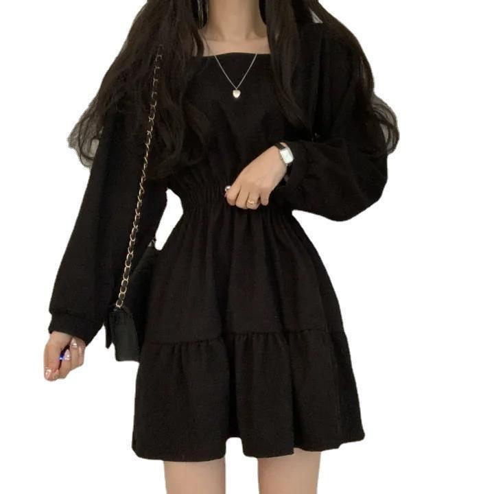 Vintage Square Collar Pleated Dress - Slim Fit, High Waist, Age-Reducing Korean Style for Girls