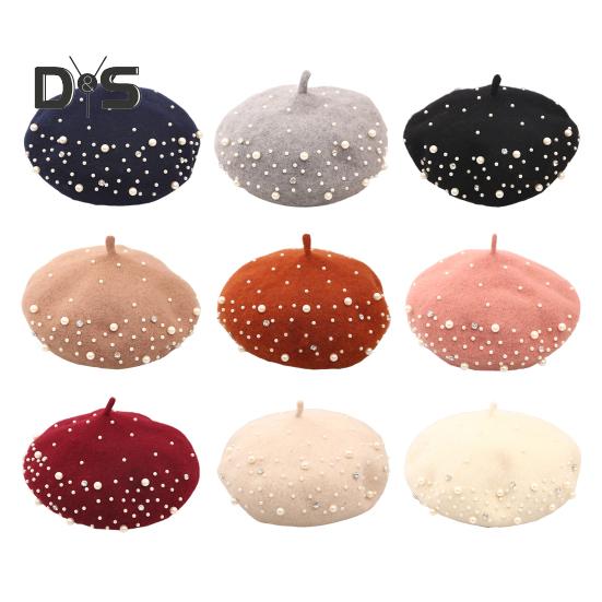 Baskenmütze für Damen, Kunstperlen, Strass-Dekor, Vintage-Wollmütze im englischen Stil, ohne Krempe, einfarbig, verstellbare Träger, Kürbismütze