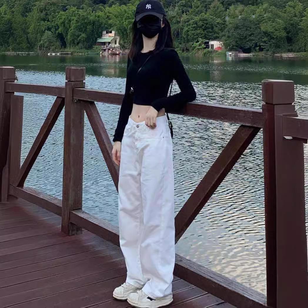 

Women s 2024 High-End White Straight Leg High Waist Jeans - Loose Fit with Excellent Drape S белый