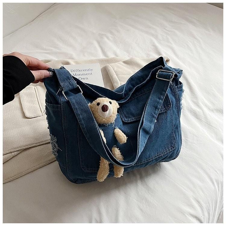 Adorable Korean Style Cartoon Denim Shoulder Bag For Students Casual Look In Blue