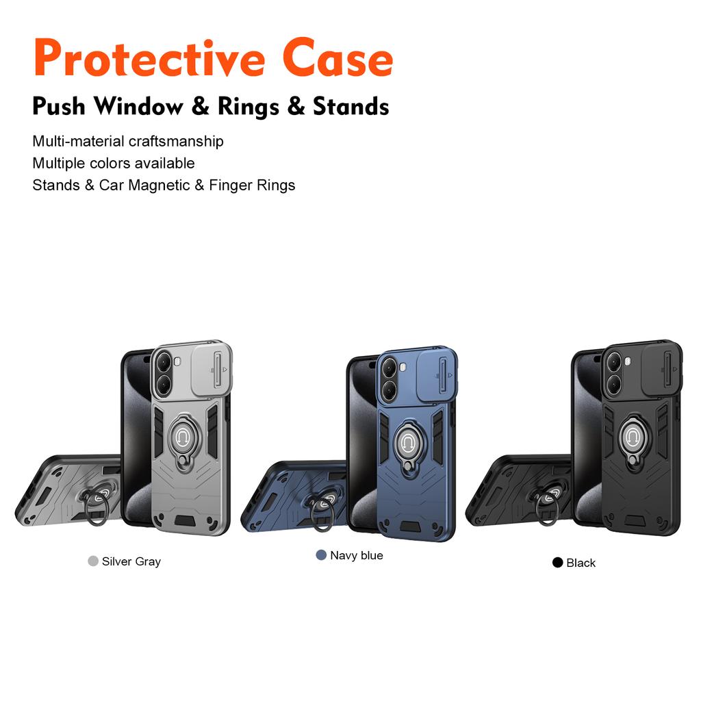 Hybrid Armor Shockproof Case For Xiaomi Poco X7 Pro Sliding Window Metal Ring Holder TPU Frame Hard Plastic Phone Cover Fundas