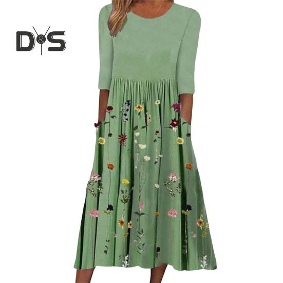

Женское летнее струящееся платье миди в стиле бохо с цветочным принтом и карманами, повседневное платье-халат с коротким рукавом и круглым вырезом S зелёный
