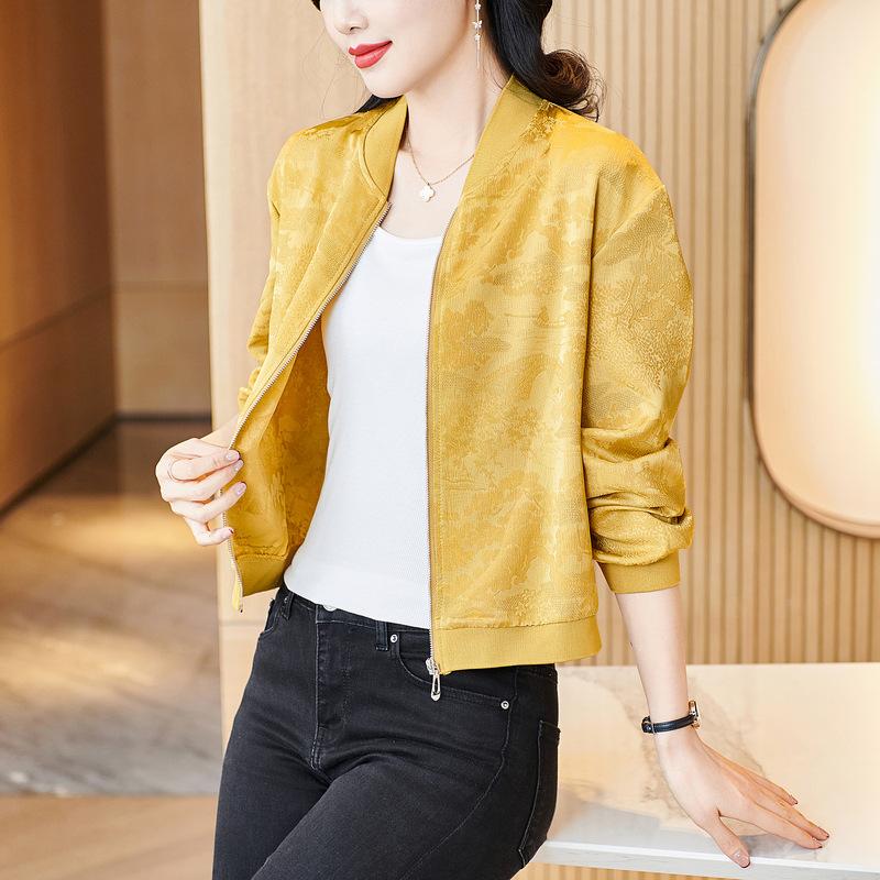 Spring New High-end Casual Loose Outer Wear Jacquard Jacket Black Versatile Stand-up Collar Mother Top Women