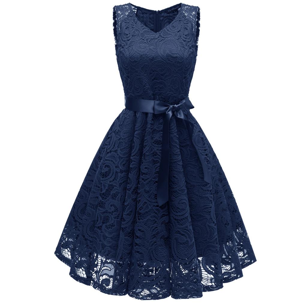 Women Vintage Princess Floral Lace Cocktail V-Neck Party Aline Swing Dress