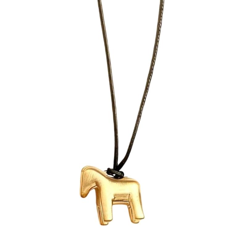 Soft Leather Cord Necklace Featuring Detailed Horse Charm Fashionable for Women