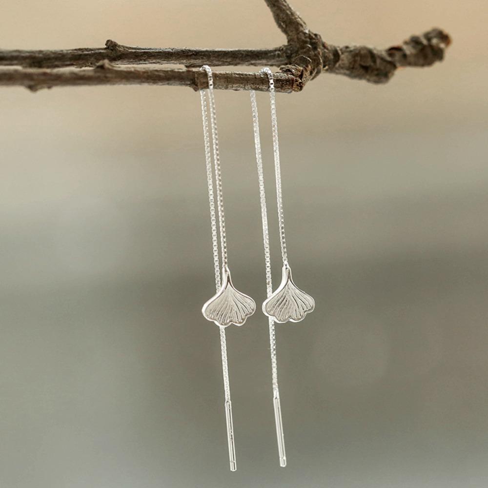 Ginkgo Leaf Dangle Earrings Elegant Long Drop Silver Thread Minimalist Women Earrings