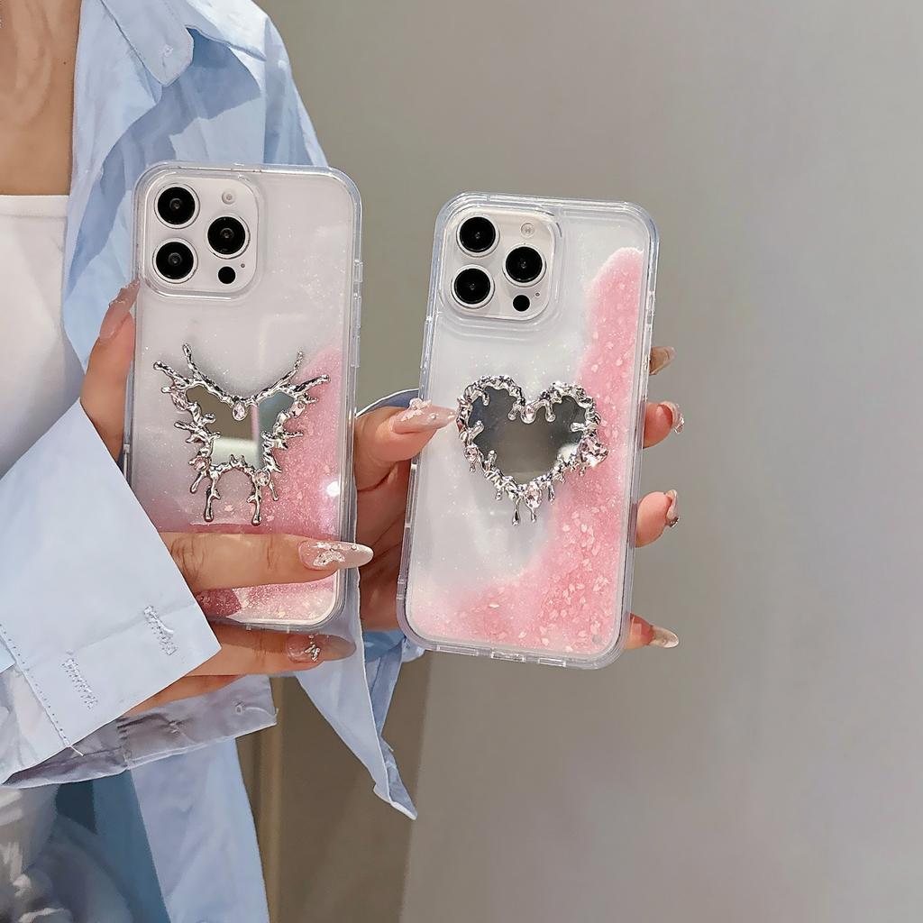 Japan and South Korea love butterfly mirror for Apple 16 mobile phone case iPhone15promax pink quicksand glitter case