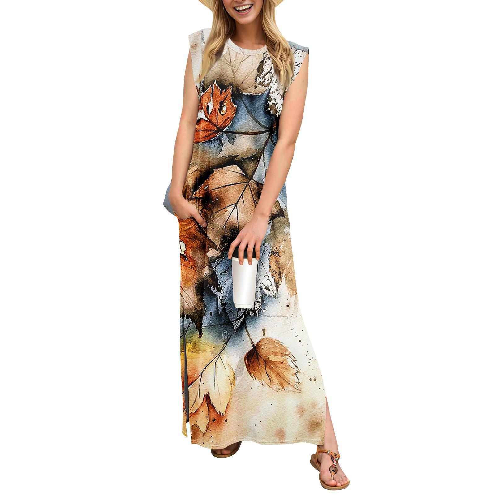 

Летние платья для женщин с круглым вырезом, повседневные свободные, с принтом, без складок, длинное пляжное платье макси с карманами L жёлтый