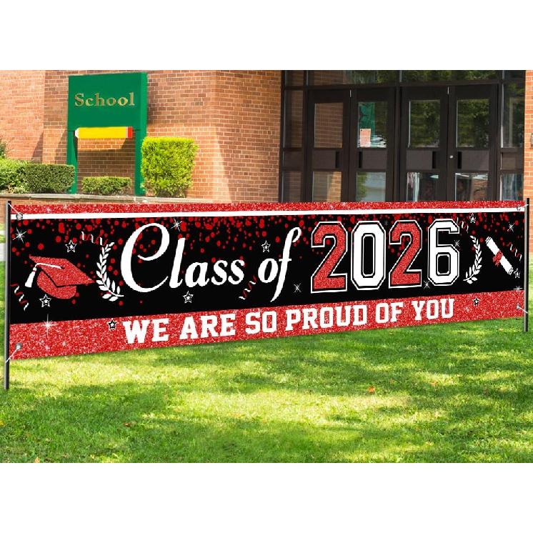 Black and Red Graduation Banner, Large Graduation Decorations Class of 2026 Congrats Grad Hanging Banner Yard Sign 118"x 24" for Indoor Outdoor 2026