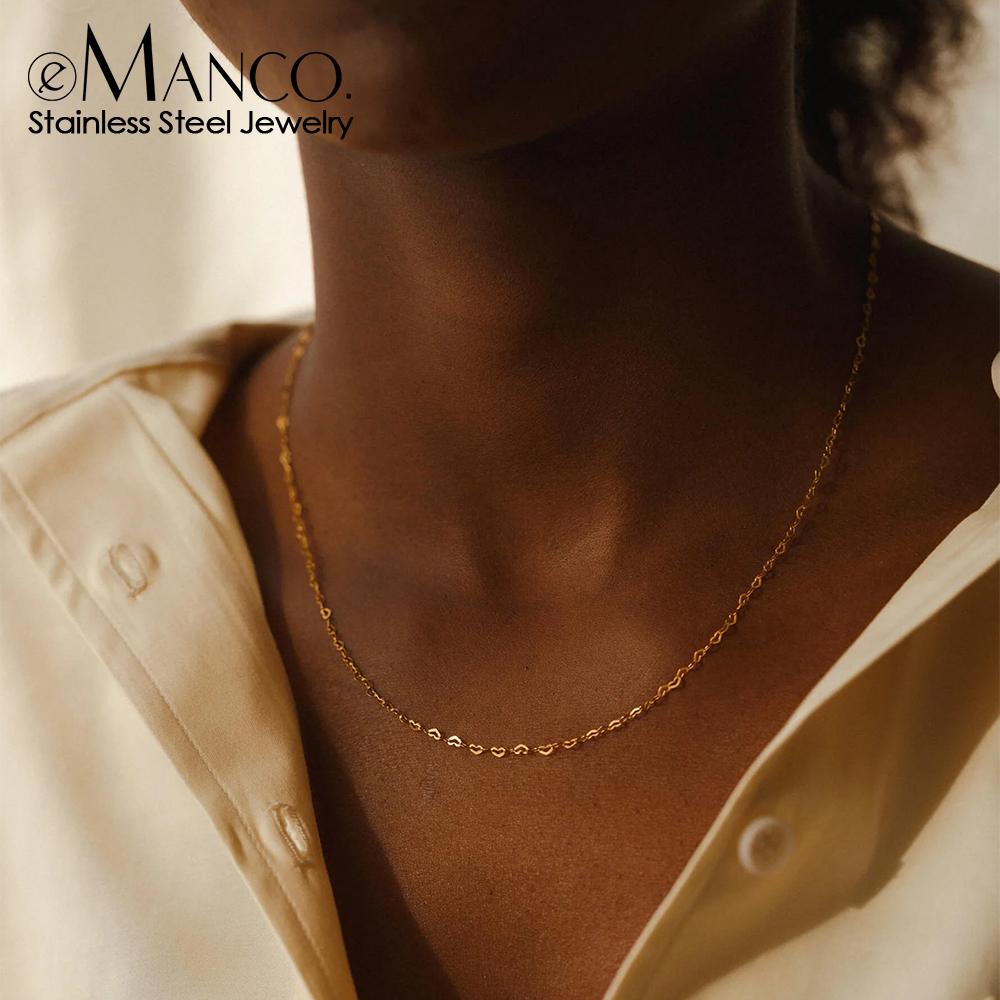 EManco 14k Gold PVD Plated Hypoallergenic Stainless Steel Heart Link Chain Necklace Jewelry Women