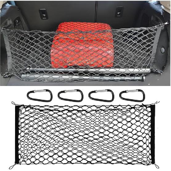 Car Rear Cargo Net, Double-Layer Adjustable Stretchable Elastic Storage Organizer Net, Trunk Cargo Storage Mesh Net With Hooks, Car Interior