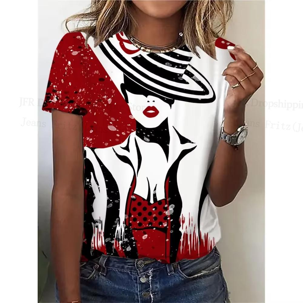 Summer Round Neck 3D Lady Face Graphic Print Top Fashionable Casual Short Sleeved Women's T-shirts
