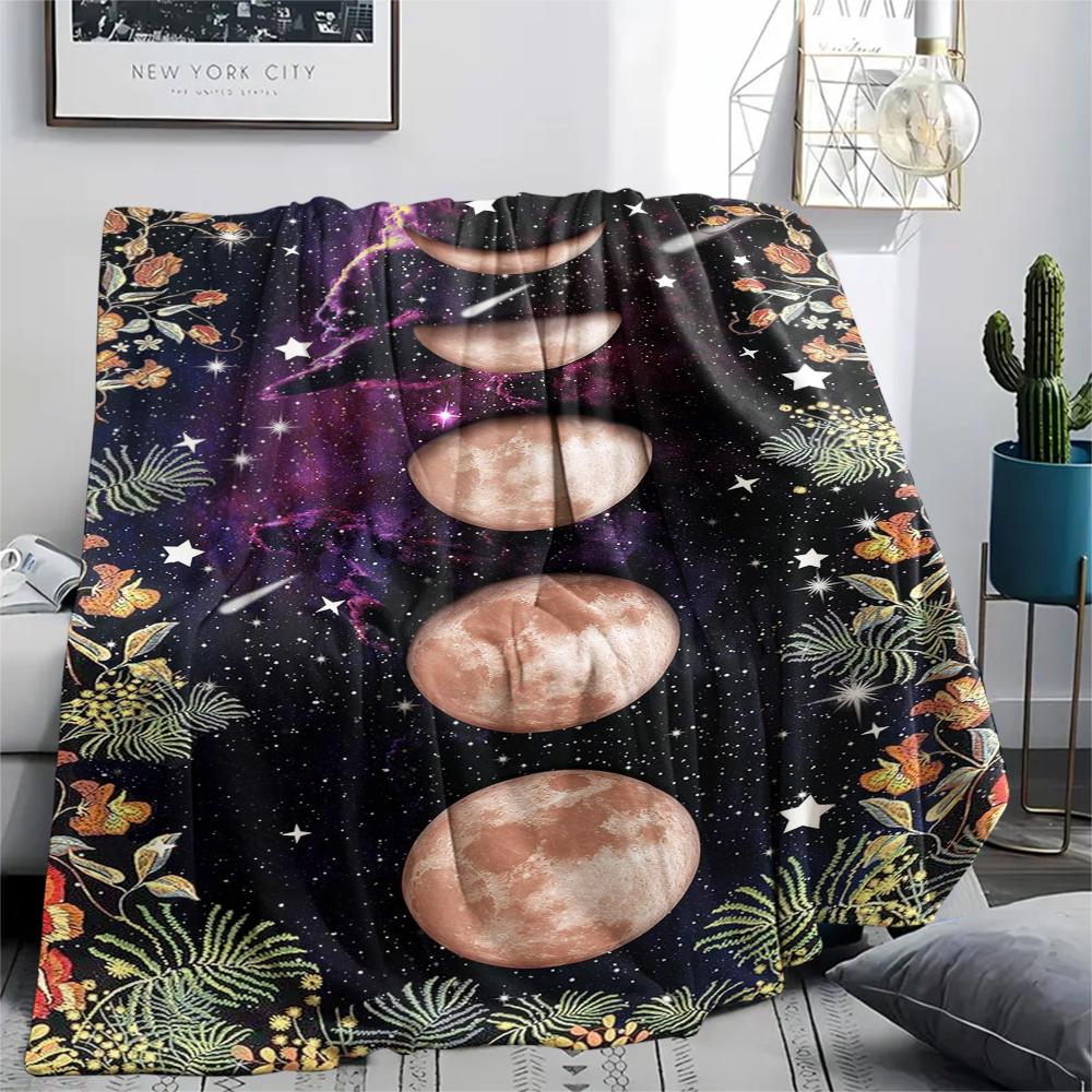 1Pc Floral Moon Print Flannel Blanket, High Quality Comfortable for All Seasons, Home Decor, Warmth and Comfort, Perfect for Gifts