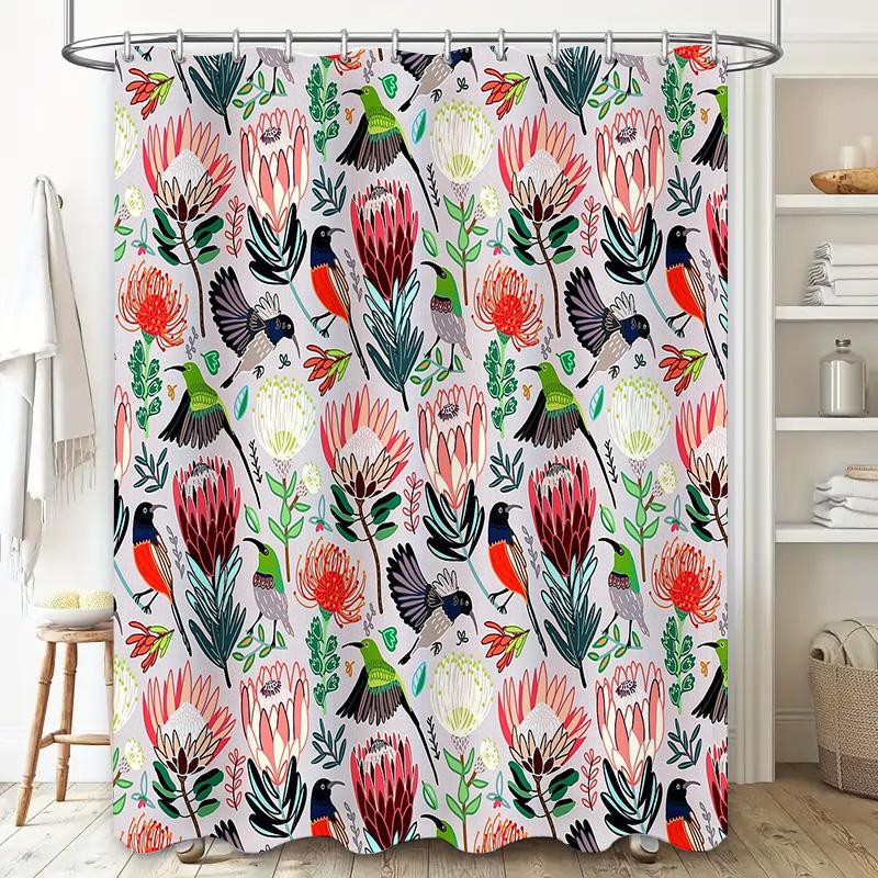 Botanical Bird Shower Curtain Tropical Nature Pattern Bathroom Decor Farmhouse Style Home Accent Tropical Leaves Floral Design M