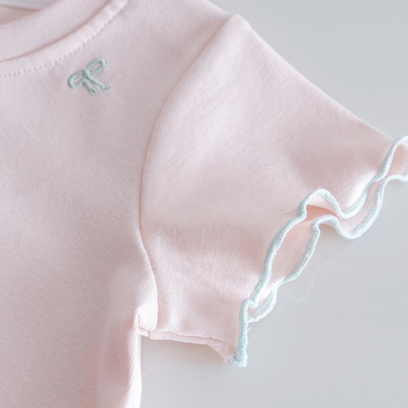 Girls' Bow Embroidered Short Sleeve T-shirt New Summer Children's Round Neck Elastic Slimming Top Baby Pure Cotton Base T-shirt