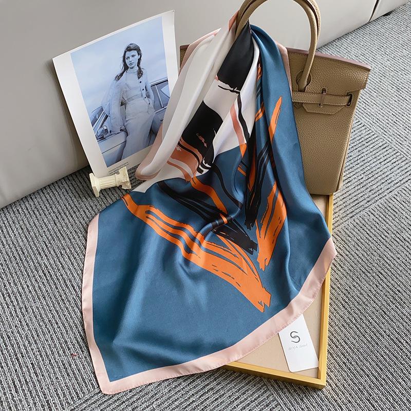 Silk scarf female stripe black and white printing spring and summer new decoration simple fashion simulation silk square scarf