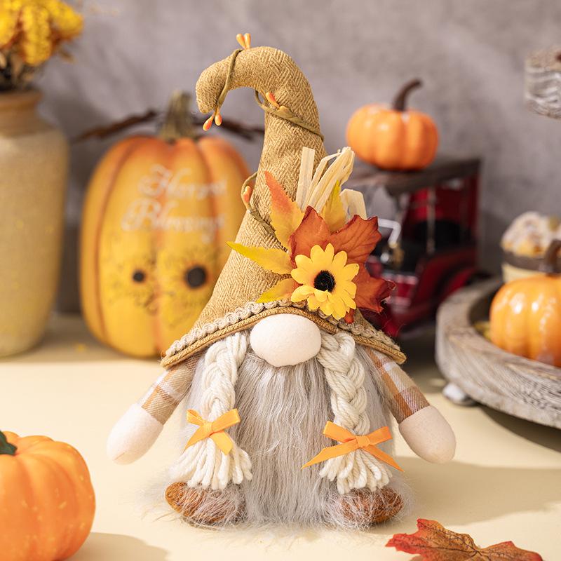 Haobei Thanksgiving Harvest Decor: Maple Leaf & Sunflower Beanie with Rudolph Light-Up Gnome