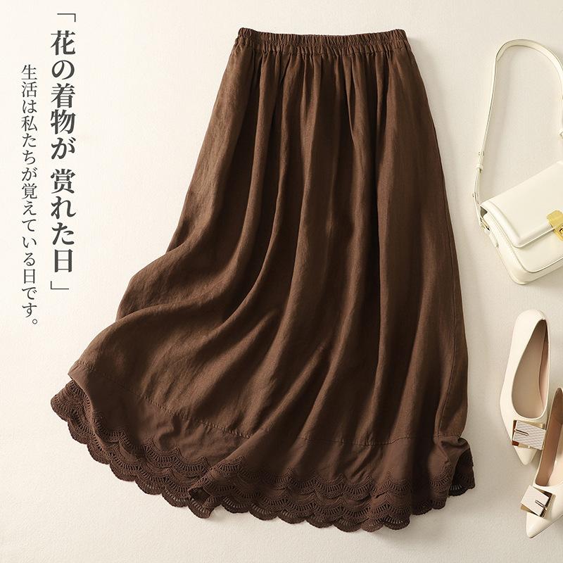 Real shot summer new literary loose splicing lace elastic waist skirt women's medium length
