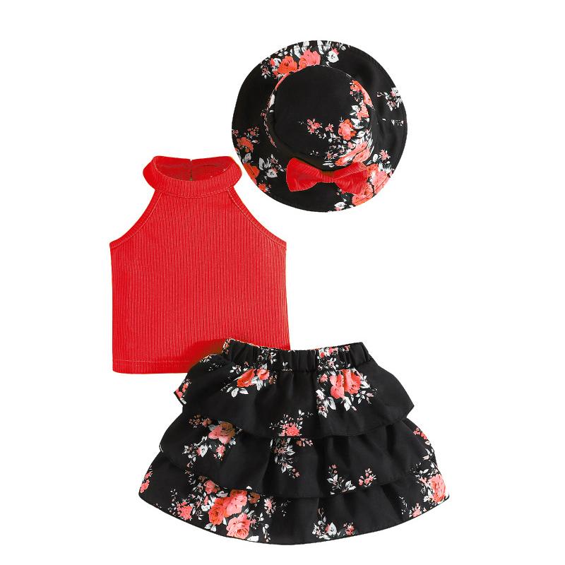 

Детский костюм, новый однотонный топ без рукавов + юбка с цветочным принтом + шапка, комплект из трех предметов, 6 месяцев-3 года 2-3Y красный