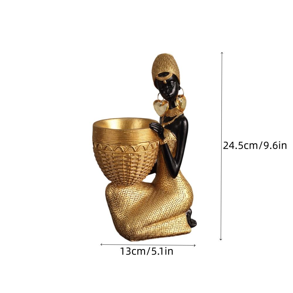 

African Tribal Art Resin Statue with Storage Tray Gold Black Figurine for Entryway Console Table or Modern Living Room Decor