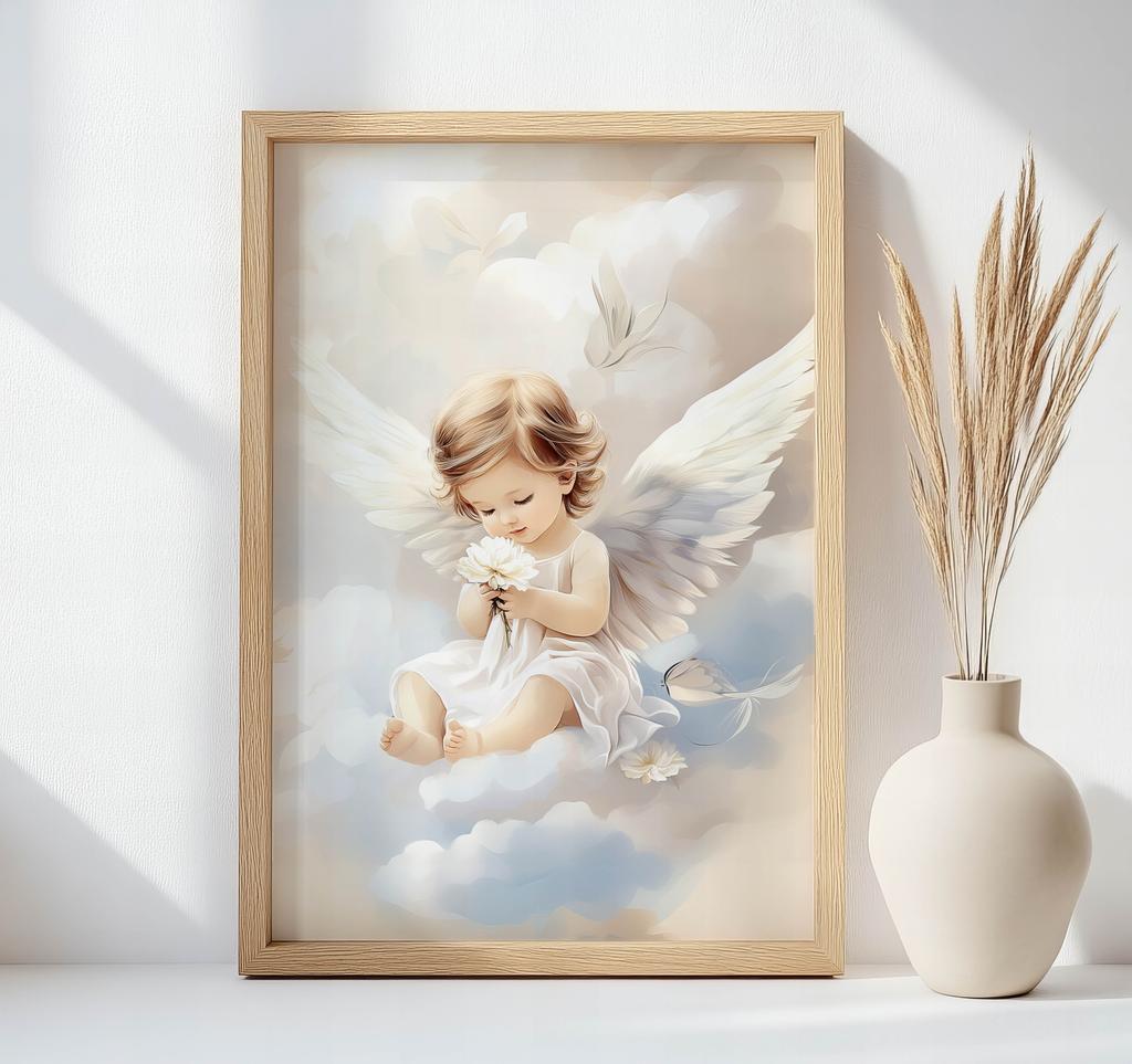 Plakat Uroczy Aniołek Na Chmurach Plakat Uroczy Aniołek Na Chmurach, 40X50 Cm, Rama Aluminiowa Złota, Papier Matowy 230 Gsm