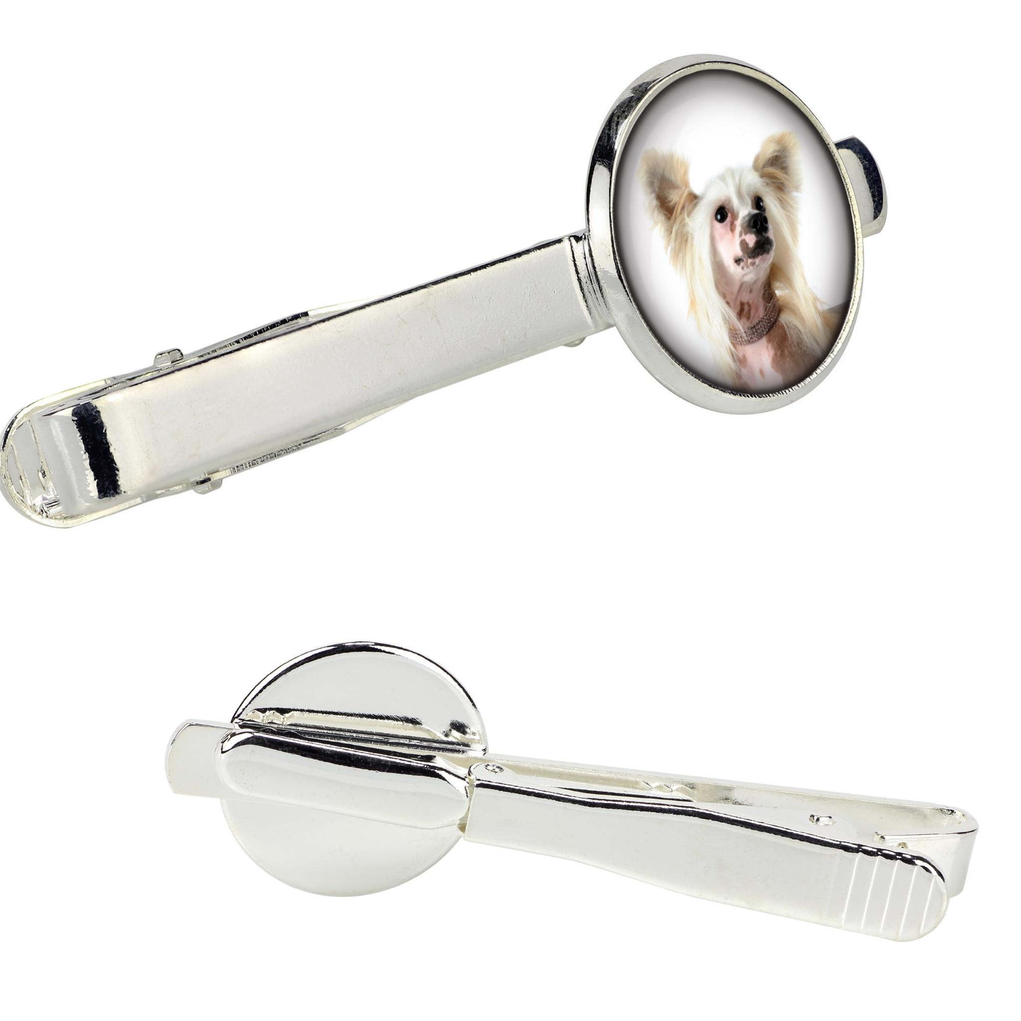 

Chinese Crested Dog, Puff - tie clip in a box, stylish tie, personalized jewelry from the Art-Dog brand срібний