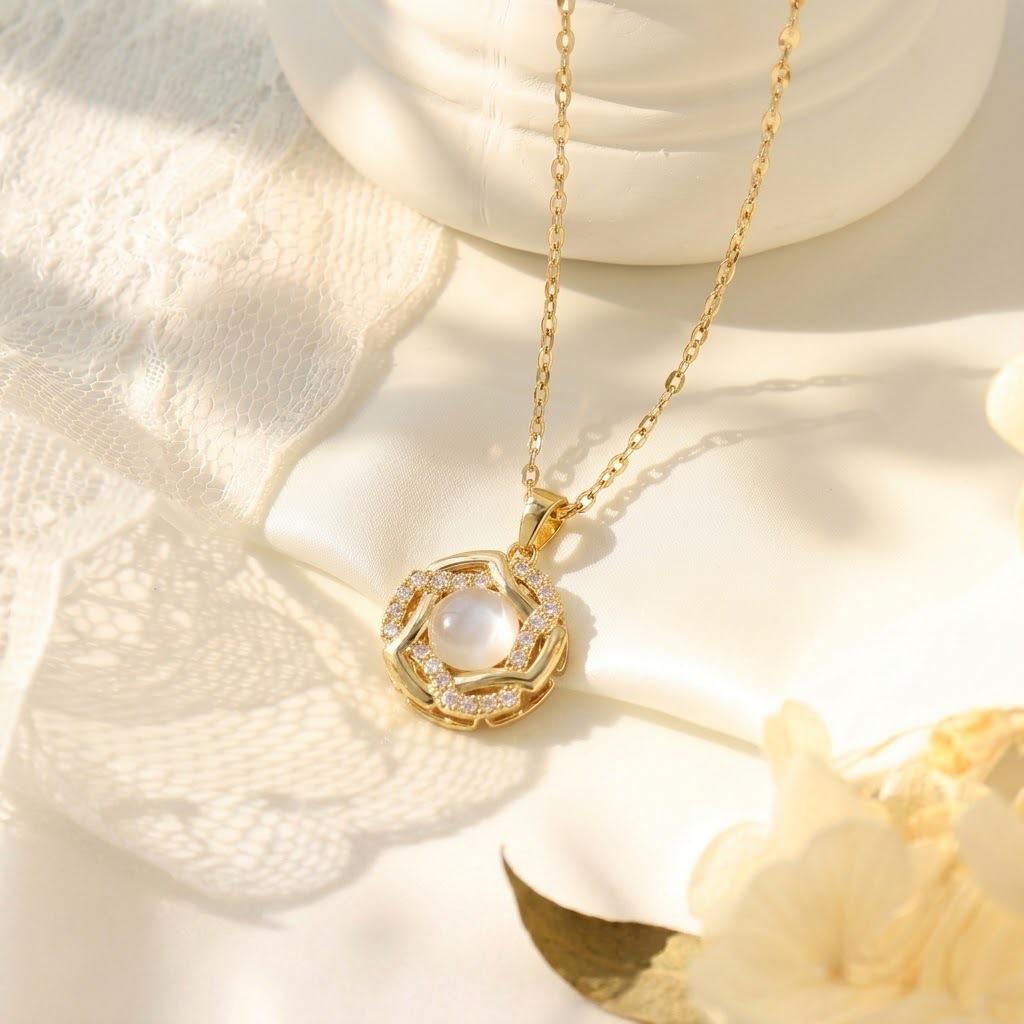 Korean Titanium Steel Necklace with Rotatable Windmill Pendant & Zirconia Pearl Clavicle Chain for Women