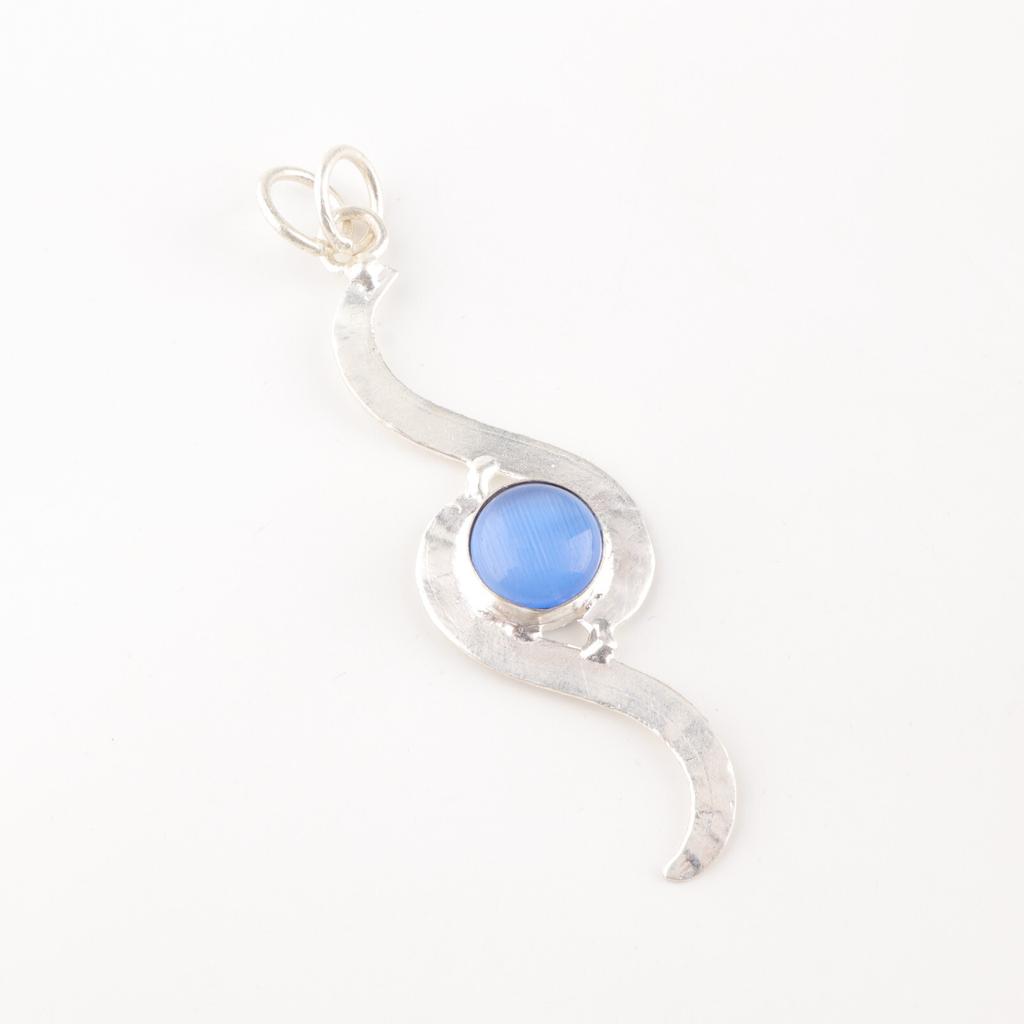 Dark Blue Cat's Eye Gemstone 925 Sterling Silver Jewelry Handmade Chain Pendant PP-44-33