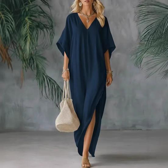 Damen Baumwolle Leinen Langes Kleid Fledermaus Kurzarm V-Ausschnitt Tunika Kleid Sommer Hoher Schlitz Fließendes Strand-Sonnenkleid