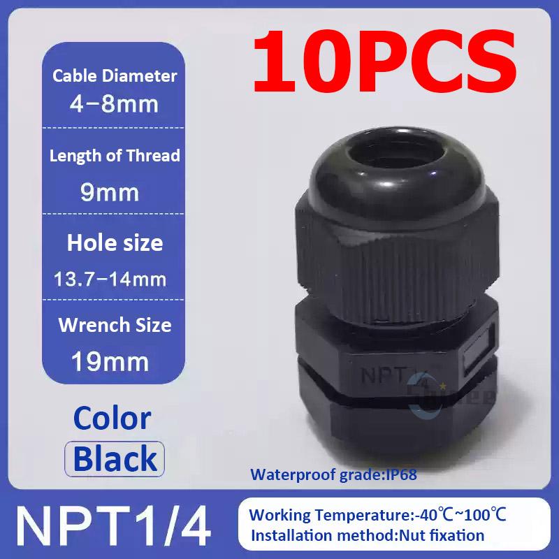 10Pcs Waterproof Cable Gland NPT 1/4 NPT 1/2 NPT 3/8 American Nylon Cable Joint Black Flame-retardant 4-25mm Wire Connector IP68