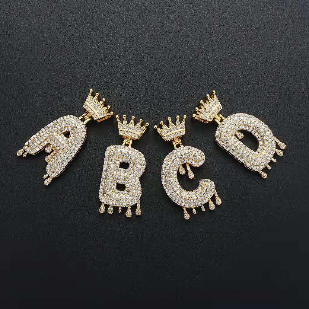 Stylish Hip Hop Zircon Crown Pendant Necklace with 26 English Letters for Women