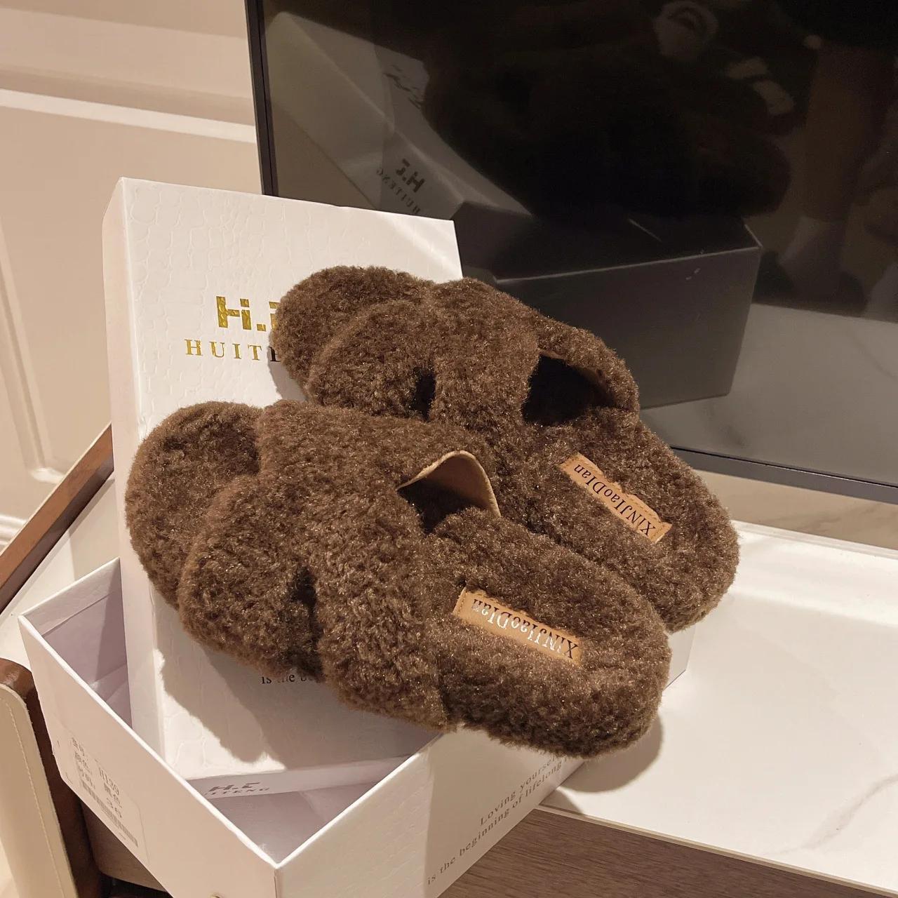 

Роскошные новые женские женственные туфли на высоком каблуке с мехом для улицы, универсальные тапочки, тапочки с круглым носком и мехом норки, Ms Slippers 35 коричневый