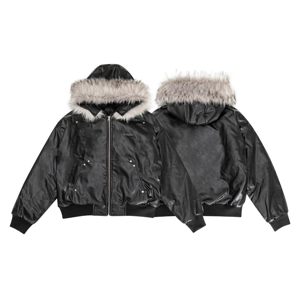 ZYLLO Y2K European American winter thickened coat leather lining hooded fur collar cotton coat youth trend classic black cool