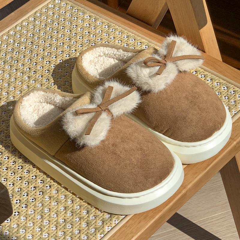 New Home Cotton Slippers Winter Indoor Velvet Warm Comfortable Soft Sole Heightening Bow Shoes Slippers