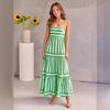 Women's Strapless Sleeveless Midi Dress Loose Mid Waist Vertical Stripe Printed Polyester Micro Elastic Tiered Ruffle Summer Vacation Maxi Dress