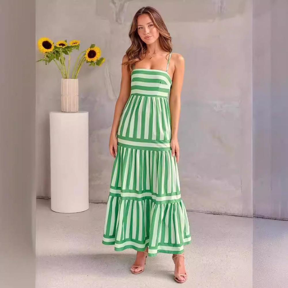 Women's Strapless Sleeveless Midi Dress Loose Mid Waist Vertical Stripe Printed Polyester Micro Elastic Tiered Ruffle Summer Vacation Maxi Dress