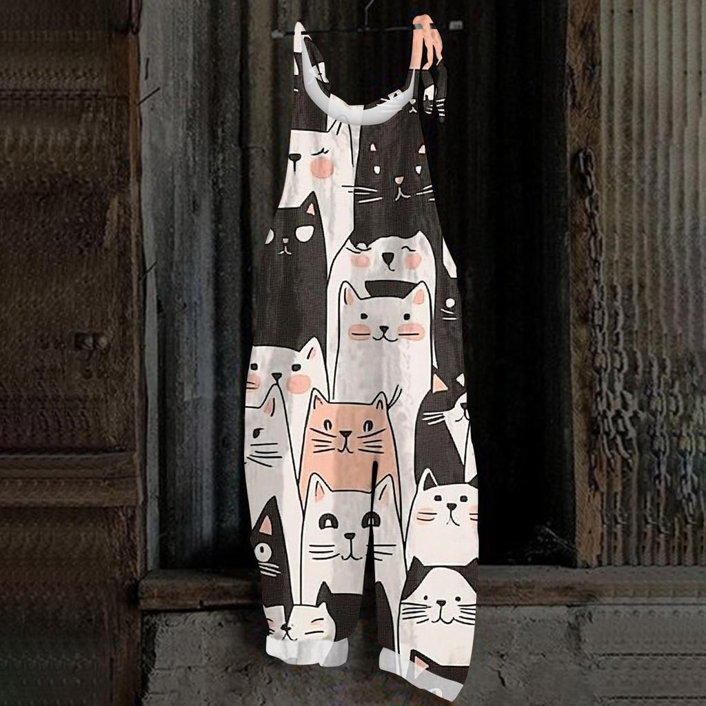 Kombinezon damski z nadrukiem świątecznym, swobodny, luźny, vintage, na ramiączkach, bawełniany, lniany