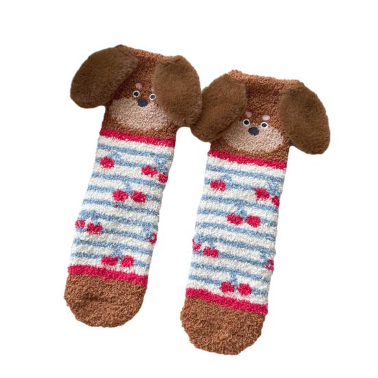 1 Pair Floor Socks 3D Cartoon Dachshund Design Striped Print Elastic Opening Socks Coral Fleece Thickened Mid-Length Sleeping Socks
