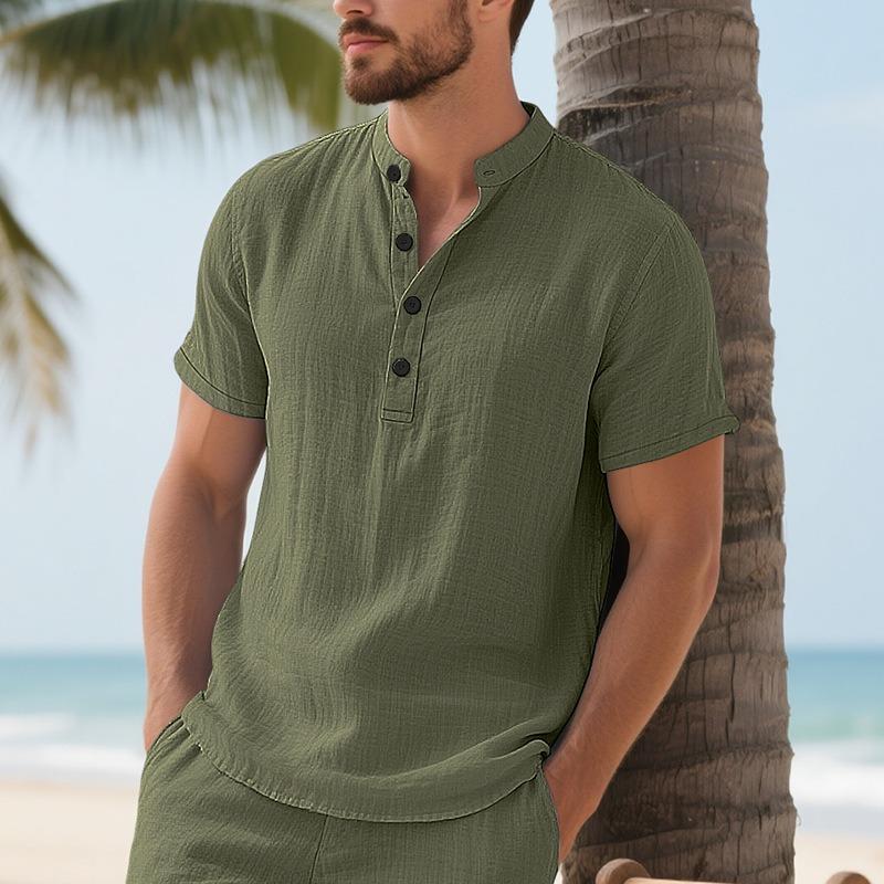 

Men Stand Collar Button Placket Short Sleeve Henley T Shirt Casual Slim Fit Top S зелёный
