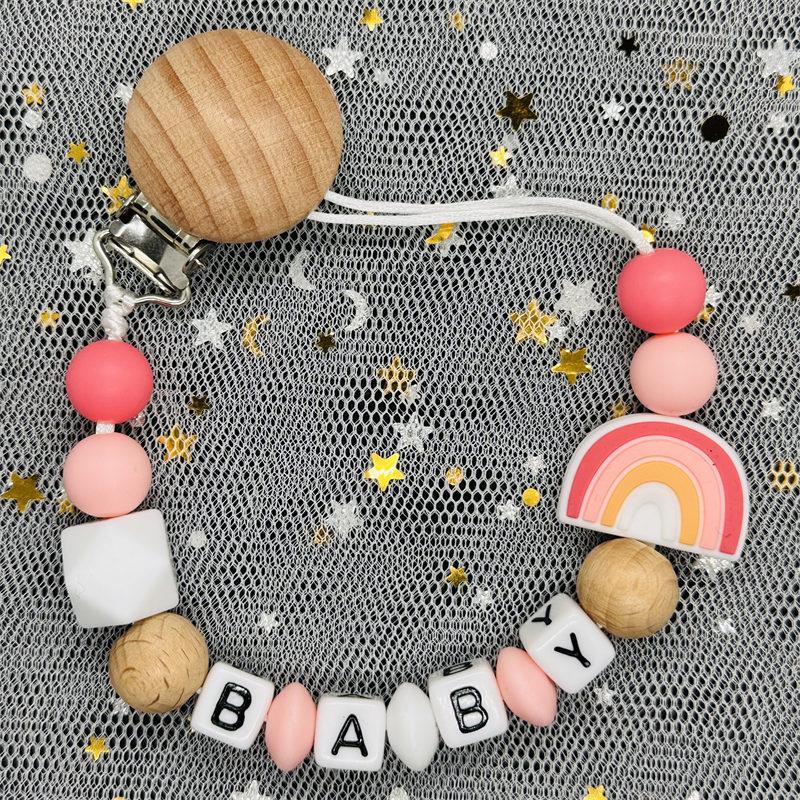 2024 Handmade Customized Name Beech Pacifier Clips Holder Chain Silicone Rainbow Pacifier Chain Baby Teether Teething Chain Gift